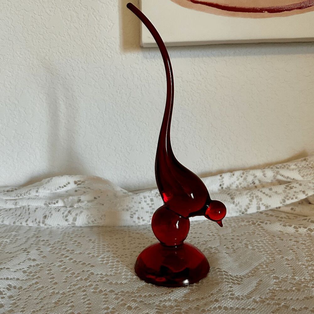 Vintage Viking Glass Epic Line Long Tail 10" Bird in Ruby Red